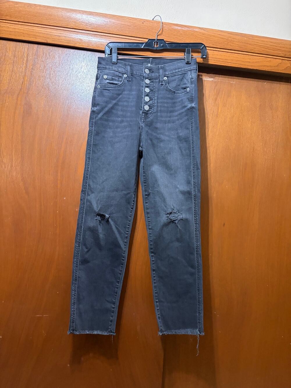 7 For All Mankind High Waist Cropped Straight Jeans Black Distressed Sz 26